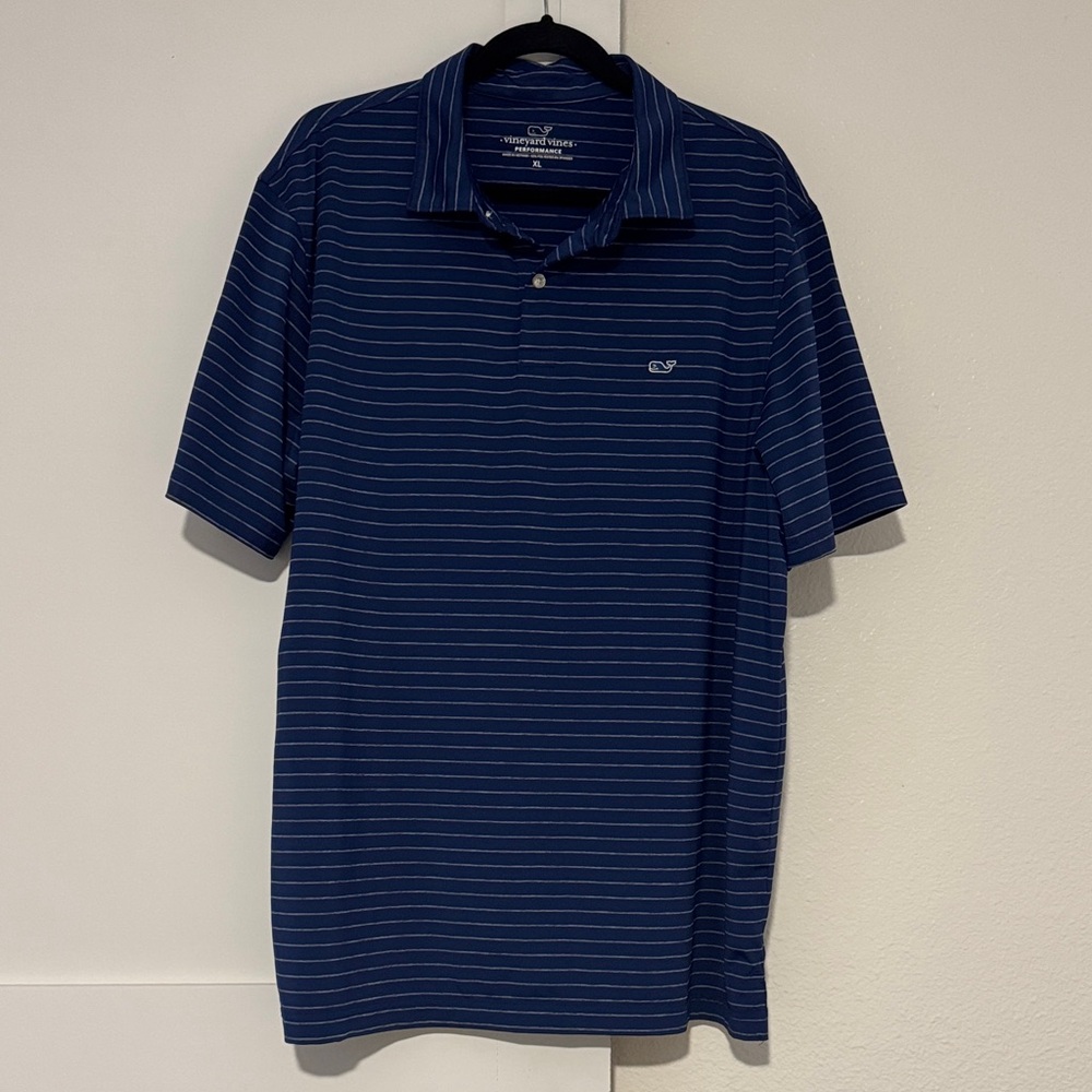 Vineyard Vines XL Performance Navy Blue & White Striped Polo Short Sleeve Shirt